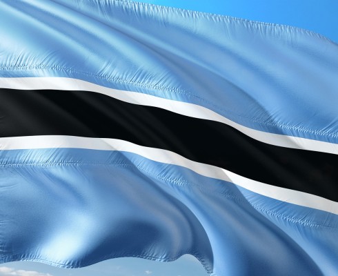 Flagge von Botswana im Wind vor blauem Himmel. Die Flagge ist hellblau mit einem breiten schwarzen Streifen querverlaufend in der Mitte. Der Streifen ist nochmals mit zwei schmalen weißen Streifen abgegrenzt.