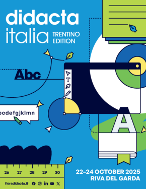 Werbegrafik für die Didacta Italia – Trentino Edition 2025. In Blau-, Grün- und Weißtönen gestaltet, zeigt sie oben links den Schriftzug ‚didacta italia TRENTINO EDITION‘. Darunter ein Textfeld mit dem Schriftzug ‚Abcdefgjklmn‘ und einem blauen Stift. Unten links steht ‚EXHIBITOR DIDACTA TRENTINO 2025‘ auf blauem Hintergrund. Rechts daneben sind die Veranstaltungsdaten ‚22–24 OCTOBER 2025 RIVA DEL GARDA‘ angegeben. In der Bildmitte befindet sich ein abstraktes Design mit geometrischen Formen und einem Kreisdiagramm.